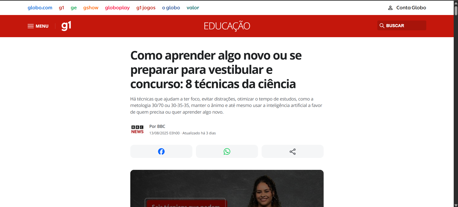 Notícia do G1 sobre como o cérebro aprende